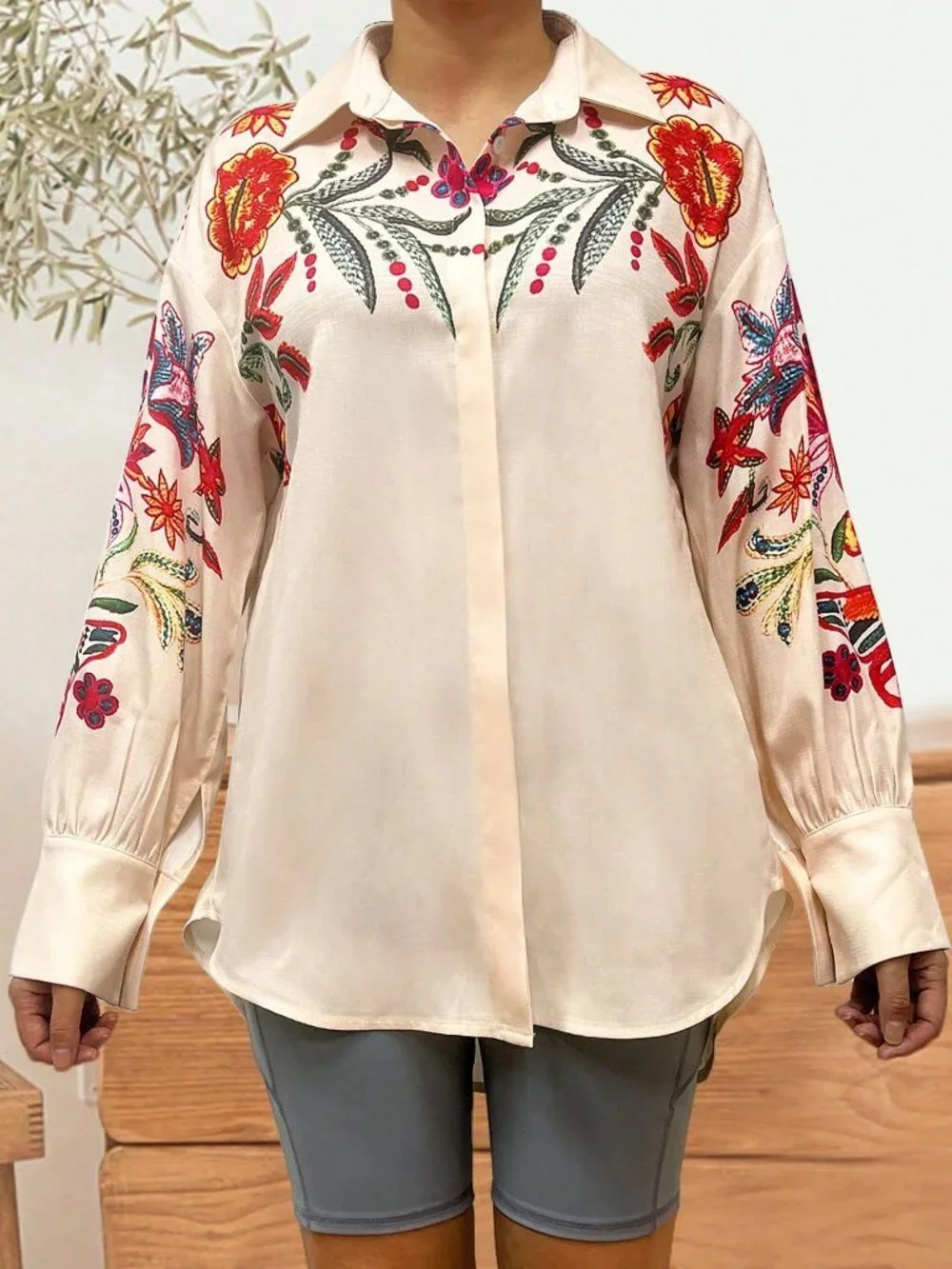 White Casual Women's Floral Print Regular Drop Shoulder Long Sleeve Shirt - Picture 10 of 10